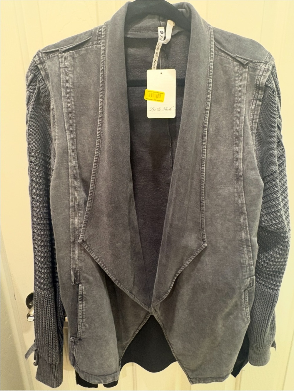 Leo & Nicole Washed Black Open-Front Jacket with Knit Sleeves